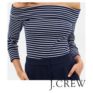 J.Crew Striped Off the Shoulder Fold Over Navy White 3/4 Sleeve Top